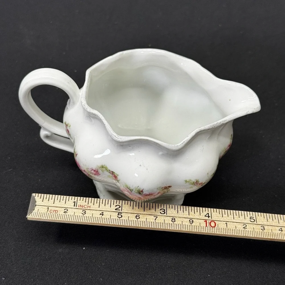 Antique Porcelain Creamer Pitcher Painted Pink Rose Design Decorative Handle‎